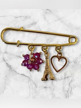 Gold Safety Pin Brooch with Pink Bead Flower, Eiffel Tower & Heart Charms